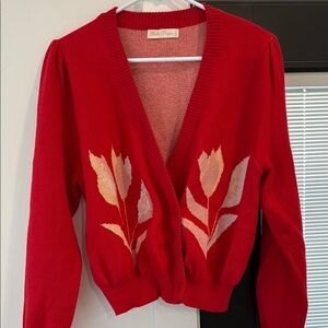 Vibrant Red Floral Cardigan Sweater